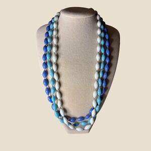 India Glass Bead Necklace 3 Strand Blue White Molded Rice Beads 1970s Boho VTG